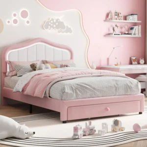 Kids Upholstered Bed Frame with LED Crown Headboard