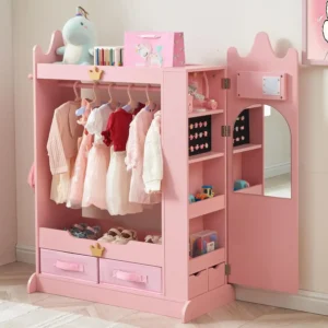 Kids Princess Armoire - Wardrobe Closet with Dual Mirrors, Hidden Jewelry Cabinet, Shelves & Hanging Rack