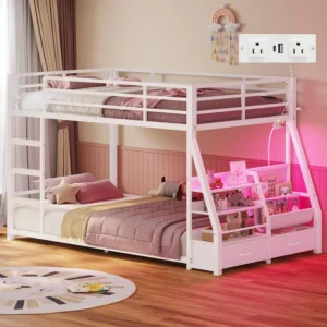 Metal Low Bunk Bed Twin Over Twin with Sling Bookshelves, Storage Drawers & Power Outlet
