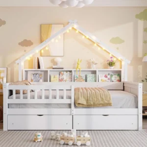 Full-Size Wooden Bed with Storage Drawers, Daybed, Shelves, and Safety Rails for Kids