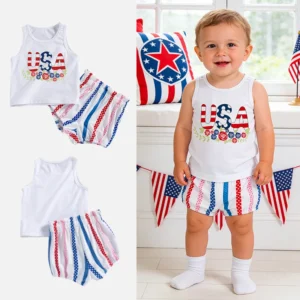 USA Patriotic summer infant, toddler child set in  Red white and Blue